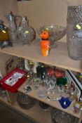 A GROUP OF GLASSWARE, to include a studio glass Strombergshyttan, Sweden orange bird, height 17cm, a