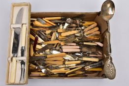 A BOX OF ASSORTED WHITE METAL FLATWARE, to include pieces such as EPNS fish knives and forks, butter