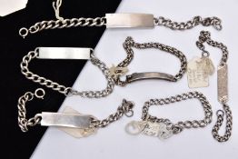 FIVE SILVER IDENTIFICATION BRACELETS AND A SILVER CHARM BRACELET, each identification bracelet has a