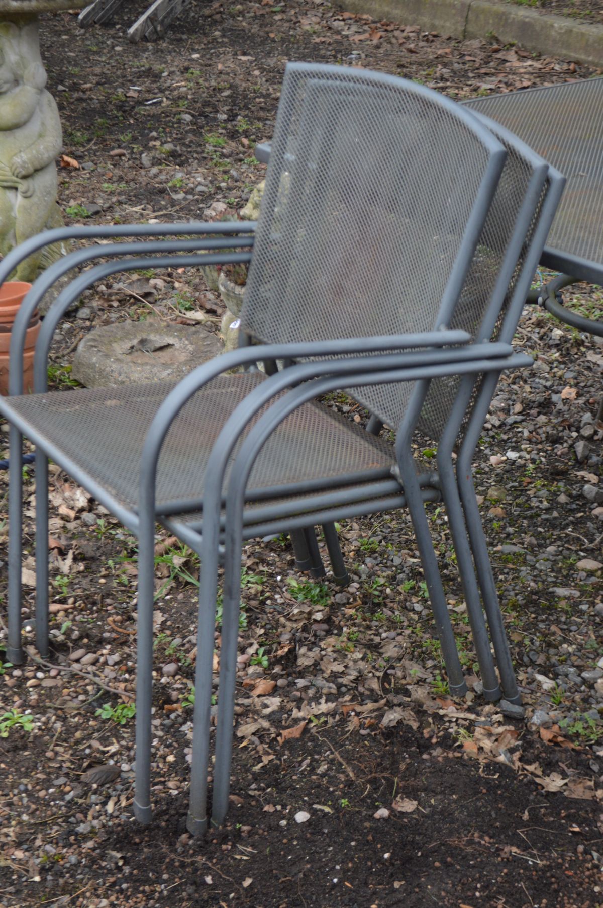 A SQUARE GREY PAINTED METAL GARDEN TABLE with shaped support and legs, parasol (no stand), four - Image 2 of 2
