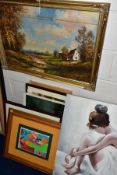 PAINTINGS AND PRINTS etc to include an unsigned oil on canvas of a scantilly clad female figure,