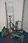 BOSCH ELECTRIC LAWNMOWER with grass box together with a green painted wrought iron garden shelf, a