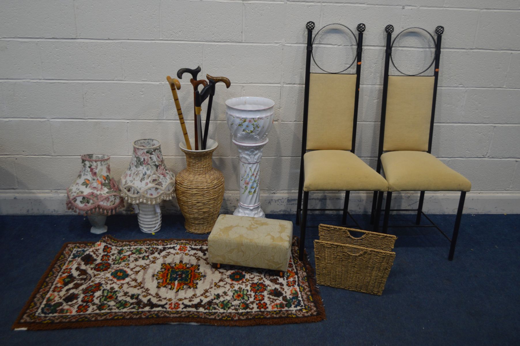 A PAIR OF METAL AND CREAM DINING CHAIRS, a ceramic planter on a matching separate stand, two table
