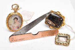 TWO YELLOW METAL BROOCHES, A PENDANT AND FRUIT KNIFE, to include a brown agate set brooch within a