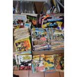 MAGAZINES AND COMICS, three boxes containing approximately three hundred and eight five publications