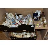 TWO BOXES AND LOOSE ORNAMENTS AND TEAWARES, ETC, to include Cameo brooch and a necklace (costume),