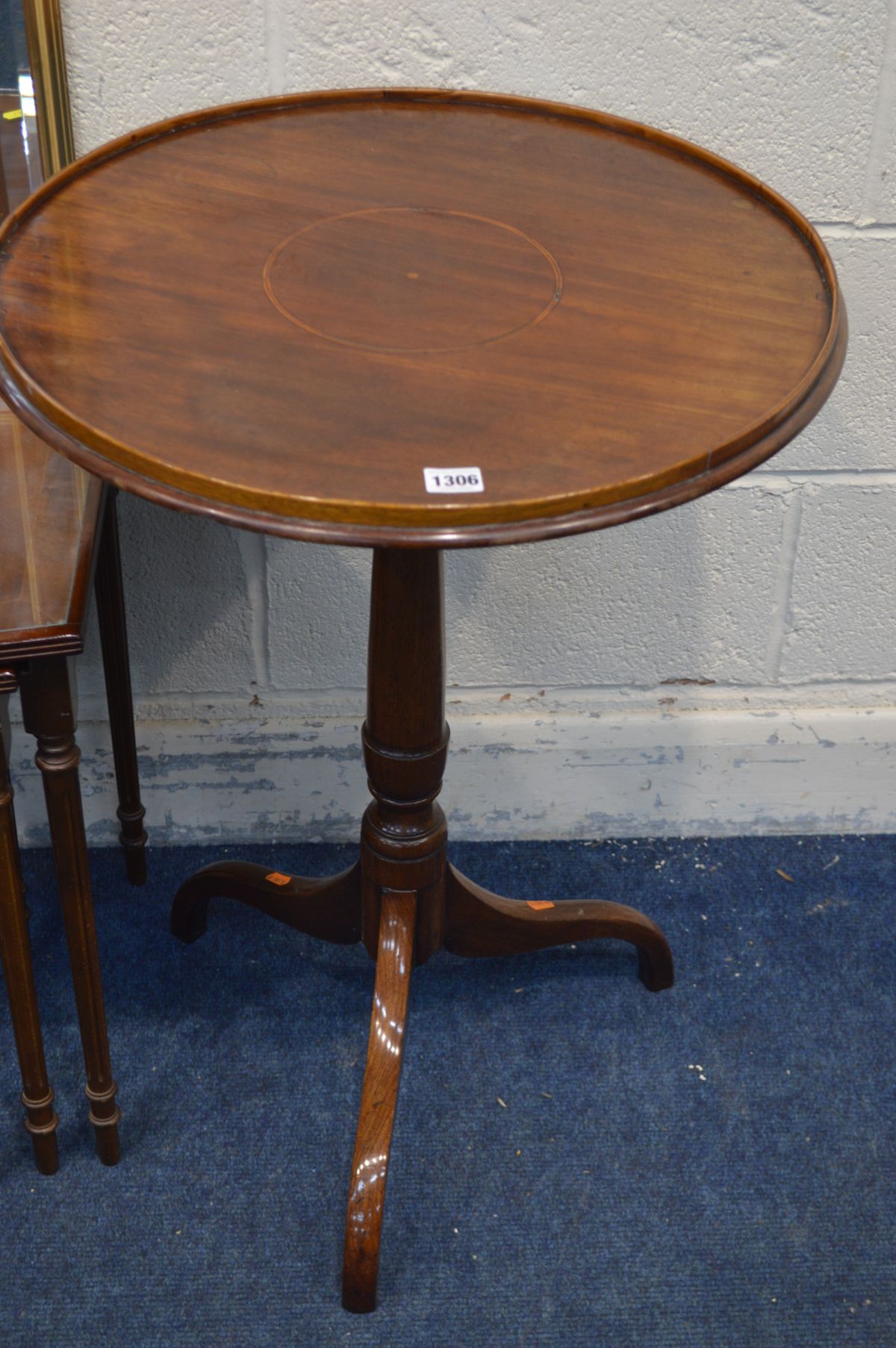 A CIRCULAR MAHOGANY TRIPOD TABLE, diameter 55cm x height 75cm, along with a modern bevelled wall - Image 2 of 5