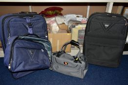 FOUR PIECES OF ANTLER LUGGAGE AND THREE BOXES AND A BAG OF TOWELS, BLANKETS, BED AND TABLE LINEN,