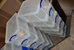 TWELVE REALLY USEFUL BOX COMPANY 64 LITRE CLEAR PLASTIC BOXES WITH LIDS (12)