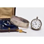 A SILVER POCKET WATCH, BANGLE, the open faced pocket watch with a white dial signed 'Sans Pareil',