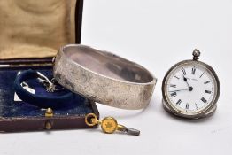 A SILVER POCKET WATCH, BANGLE, the open faced pocket watch with a white dial signed 'Sans Pareil',