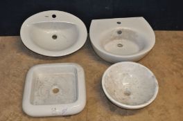 FOUR WHITE MODERN SINKS of various sizes and styles including two branded kohler