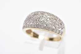 A 9CT GOLD DIAMOND RING, a wide openwork ring set with single cut diamond detailing, stamped diamond
