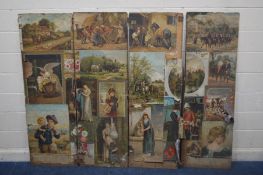 A LATE 19TH CENTURY HOME MADE FOUR FOLD FLOORSTAND SCREEN, the front side decorated with colour