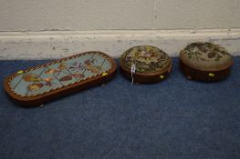 A PAIR OF 19TH CENTURY CIRCULAR BEADWORK FOOTSTOOLS (losses to veneer), and rectangular beadwork