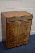 A MID TO LATE 20TH CENTURY AFROMOSIA CHEST OF FIVE ASSORTED DRAWERS, width 77cm x depth 46cm x