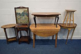 A WOOD FINISH DROP LEAF KITHEN TABLE, along with an oak barley twist occasional table, telephone