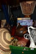 A COLLECTION OF AFRICAN RELATED ITEMS, to include a Djembe drum, height approximately 63cm, diameter