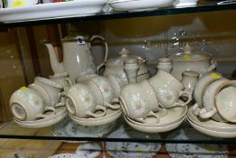 DENBY STONEWARE 'DAYBREAK' PART DINNERWARES, comprising coffee pot, cream jug, height 8.5cm, sugar