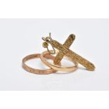 TWO 9CT GOLD BANDS AND A SINGLE CROSS EARRING, two thin bands with hallmarks for London and