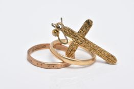 TWO 9CT GOLD BANDS AND A SINGLE CROSS EARRING, two thin bands with hallmarks for London and