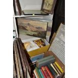 FOUR BOXES AND LOOSE BOOKS AND PICTURES - Books include bound volumes of War Illustrated, English