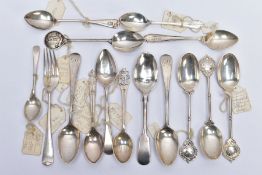 A SELECTION OF SILVER TEASPOONS, DESSERT FORK AND A MUSTARD SPOON, to include thirteen teaspoons