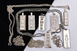 SEVEN SILVER INGOT PENDANTS AND CHAINS, four ingots with a hallmark for London dated 1977-1979,