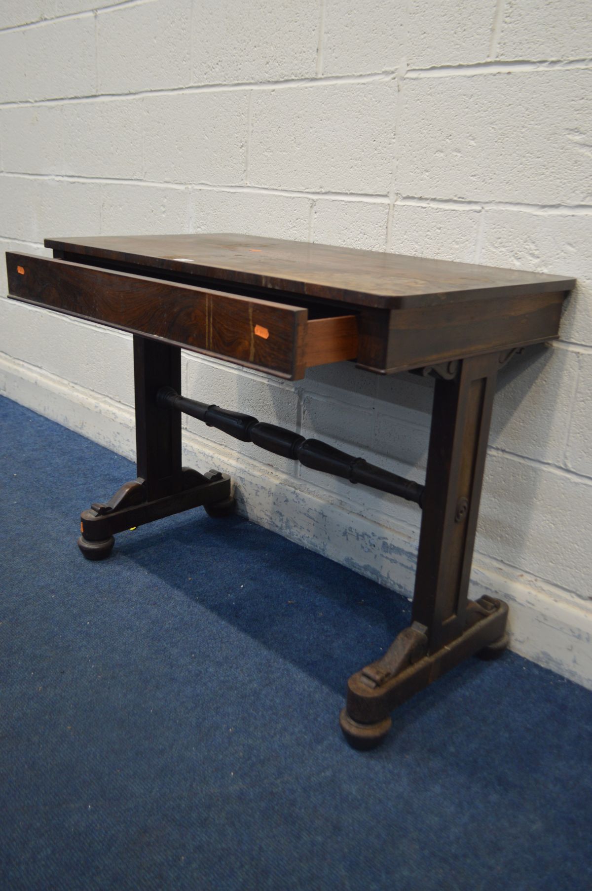 A REGENCY ROSEWOOD SIDE TABLE, with a single frieze drawer, on twin support united by a turned - Image 4 of 6