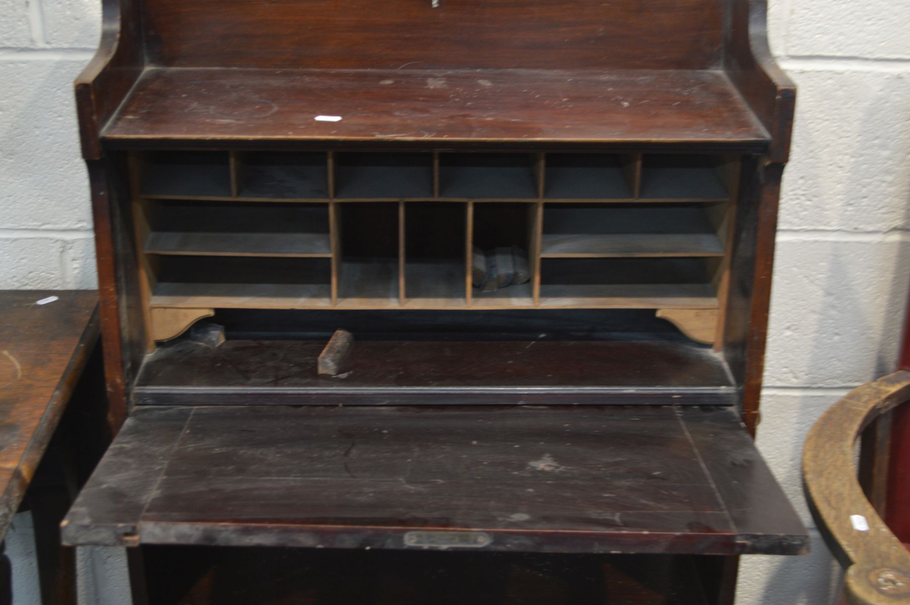 AN ART NOUVEAU MAHOGANY FALL FRONT BUREAU (Sd, losses) along with an oak gate leg table, - Image 4 of 5