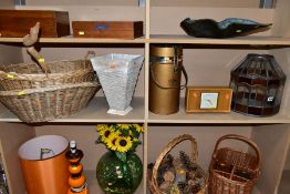 A QUANTITY OF WICKER BASKETS, LARGE THERMOS 'VACUUM VESSEL', CARBOUY, etc, including a Victorian