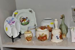 A SMALL GROUP OF CERAMICS AND GLASS, to include Sadler bell, ginger jar etc, Palissy ginger jar,