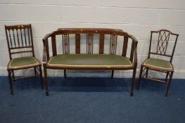 AN EDWARDIAN MAHOGANY AND STRUNG INLAID TWO SEATER SETTEE, width 112cm, along with two similar