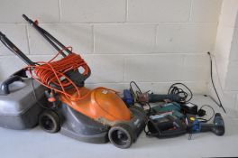 A FLYMO EASIMO ELECTRIC LAWNMOWER together with a quantity of electric tools to include a Workzone
