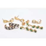 THREE PAIRS OF EARRINGS AND A PENDANT, to include a pair of 9ct gold wavy emerald set drop