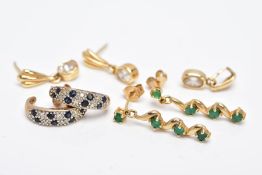 THREE PAIRS OF EARRINGS AND A PENDANT, to include a pair of 9ct gold wavy emerald set drop