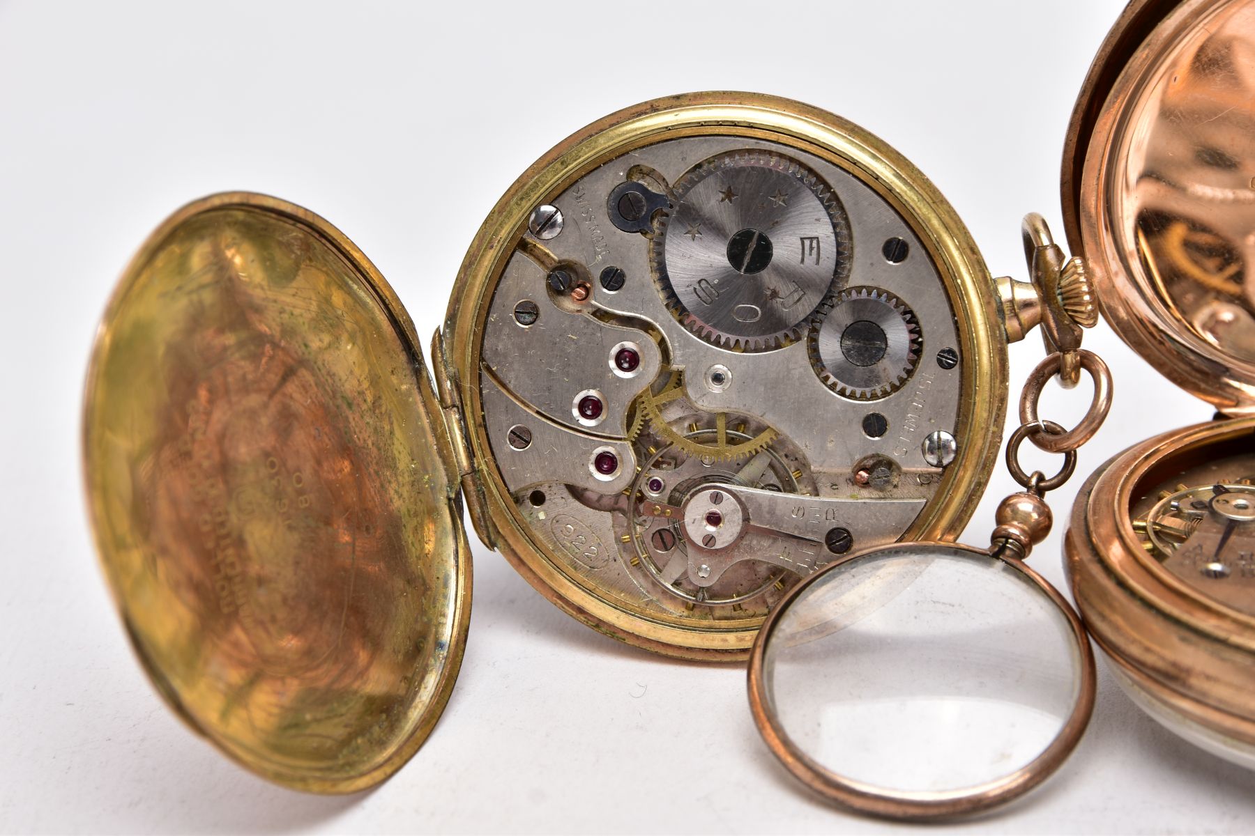 THREE GOLD PLATED OPEN FACED POCKET WATCHES, the first with a white dial signed 'Eros', Arabic - Image 7 of 8