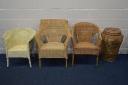 THREE WICKER BASKET CHAIRS, including a painted Lloyd loom chair, and an ali baba linen basket (4)