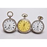 THREE OPEN FACED POCKET WATCHES, the first with a white dial, Roman numerals, seconds subsidiary