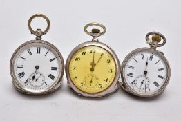 THREE OPEN FACED POCKET WATCHES, the first with a white dial, Roman numerals, seconds subsidiary