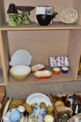 FOUR BOXES AND LOOSE KITCHEN CROCKERY, STAINLESS STEEL AND KITCHENALIA, including a pair of orange