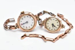 TWO LADIES 9CT GOLD WRISTWATCHES, the first with a round white and gold detailed dial, Arabic