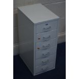 A METAL SIX DRAWER OFFICE CABINET, width 28cm x depth 41cm x height 67cm