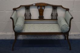 AN EDWARDIAN MAHOGANY AND MARQUETRY INLAID TWO SEATER SOFA, with green upholstery, and two side