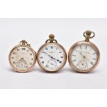 THREE GOLD PLATED OPEN FACED POCKET WATCHES, the first with a white dial signed 'Eros', Arabic