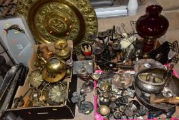 THREE BOXES AND LOOSE METALWARES, etc, including large Indian brass charger, two stainless steel