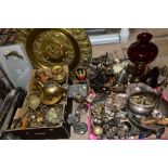 THREE BOXES AND LOOSE METALWARES, etc, including large Indian brass charger, two stainless steel