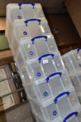 TEN REALLY USEFUL BOX COMPANY 50 LITRE CLEAR PLASTIC BOXES AND LIDS (10)