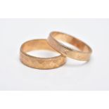 TWO 9CT GOLD BANDS, the first of a textured design and milgrain detailed edge, hallmarked 9ct gold