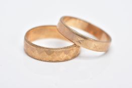 TWO 9CT GOLD BANDS, the first of a textured design and milgrain detailed edge, hallmarked 9ct gold